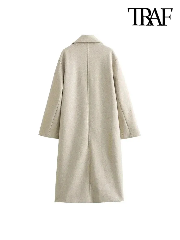 TRAF-Women's Soft Oversized Woolen Coat, Long Sleeve, Front Welt Pockets, Female Outerwear, Chic Overcoat, Fashion