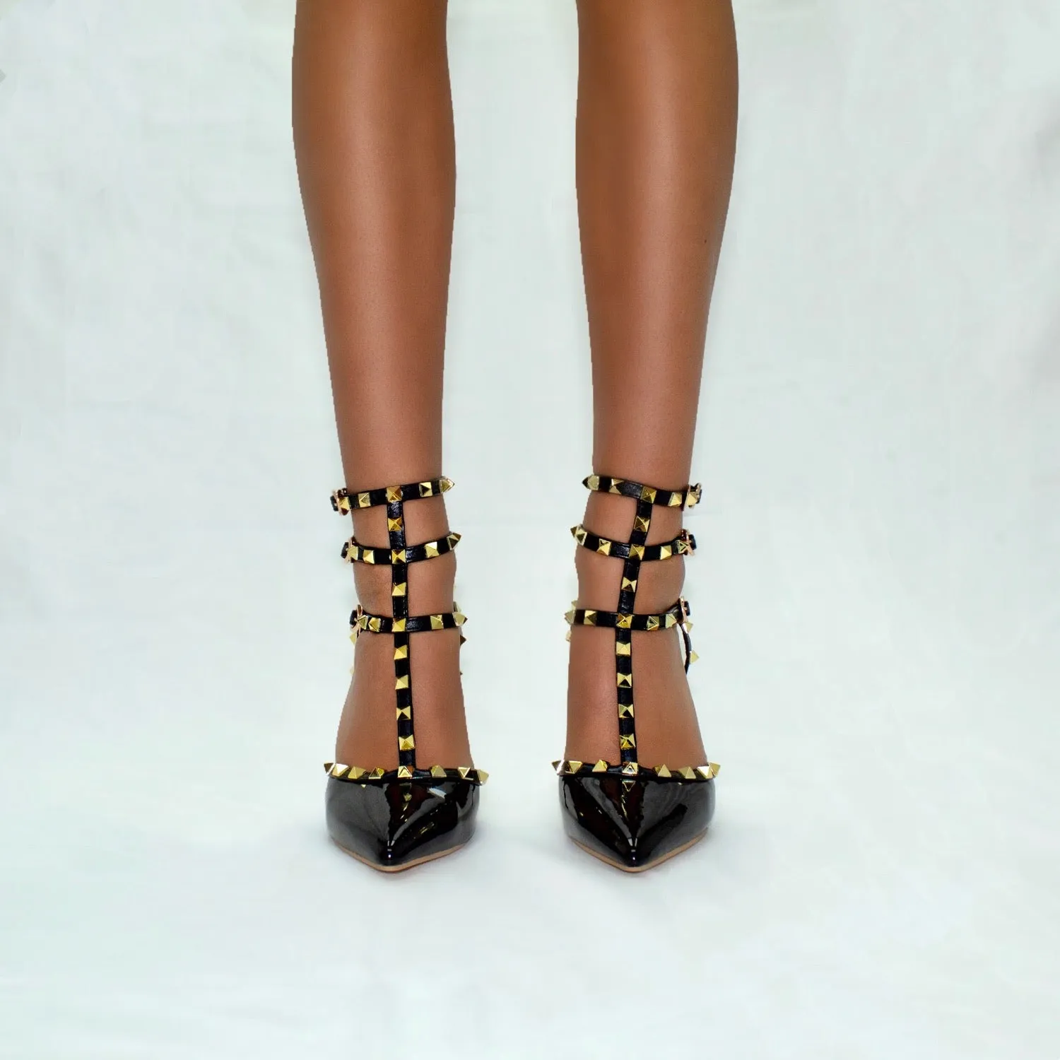 Verity - Black Patent with Black Strappy Gold Studded Pointed Stiletto Heels