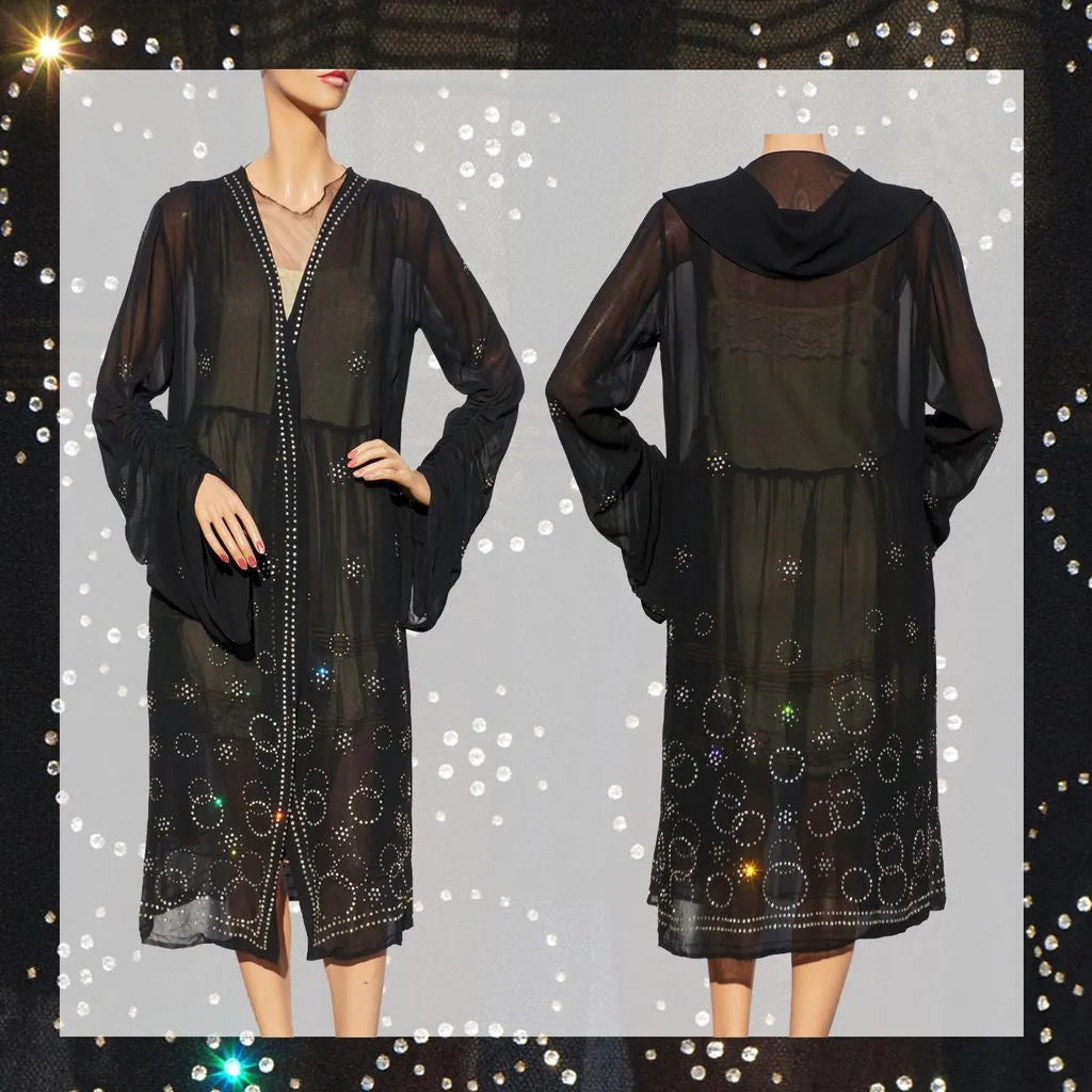 Vintage 1920s Chiffon Coat with Rhinestone Studs - Art Deco - Geometric Design