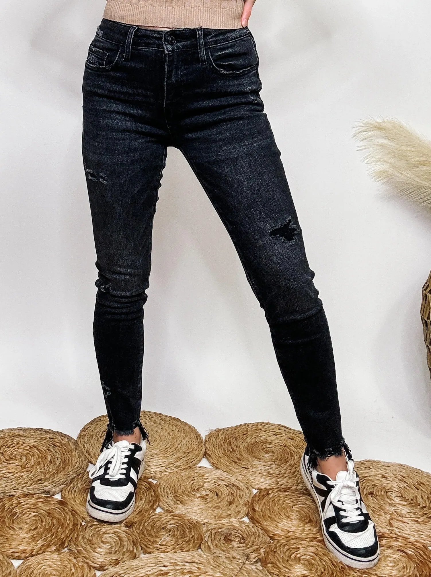 Washed Black Uneven Hem Skinny Jeans Lovervet by Vervet