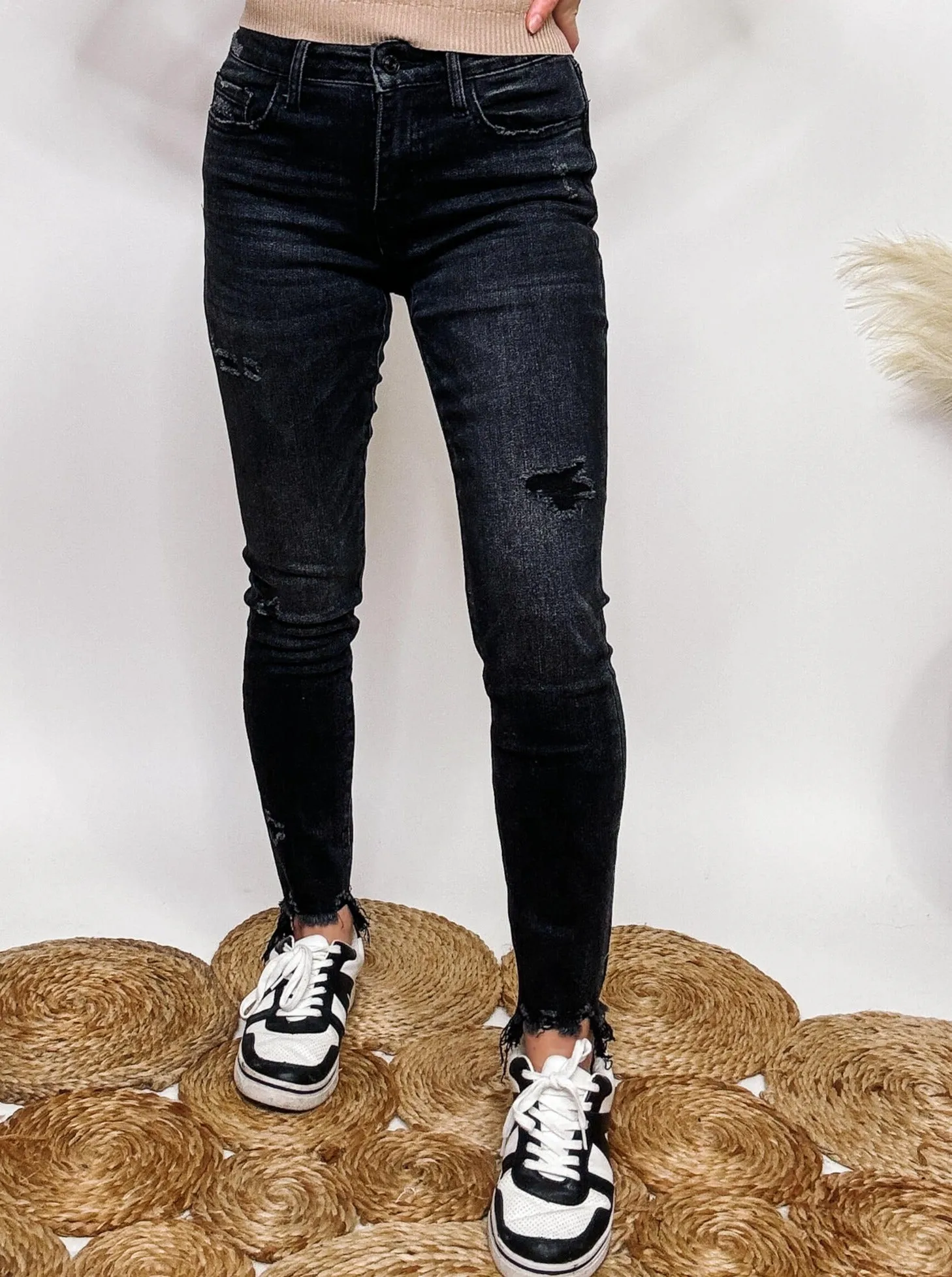 Washed Black Uneven Hem Skinny Jeans Lovervet by Vervet