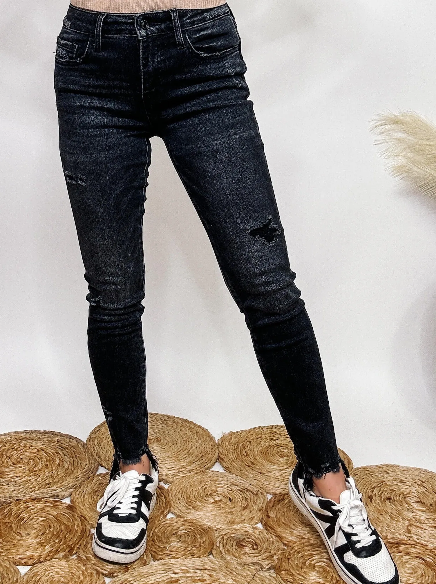 Washed Black Uneven Hem Skinny Jeans Lovervet by Vervet