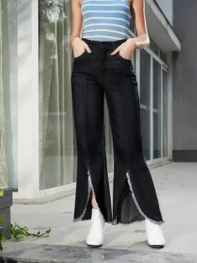 Women Black Front Slit Bell Bottom Jeans