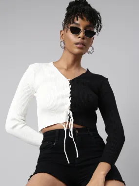 Women White Colourblocked Fitted Crop Top