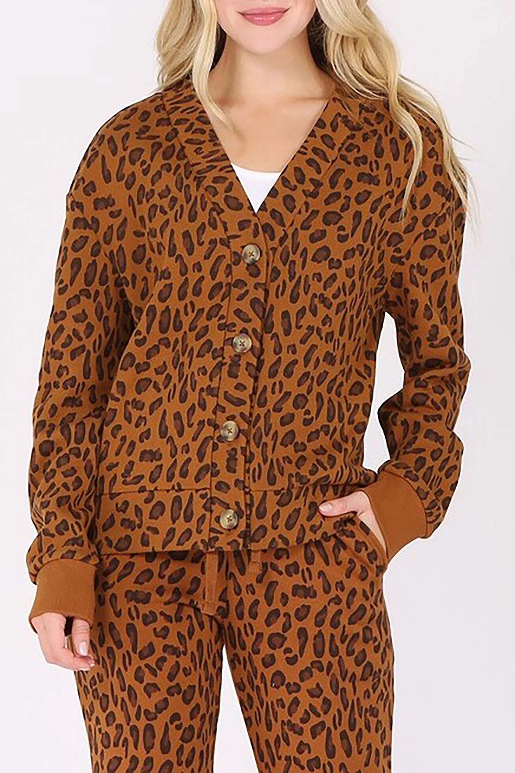 Women's Buttoned V Neck Animal Print Fleece Cardigan