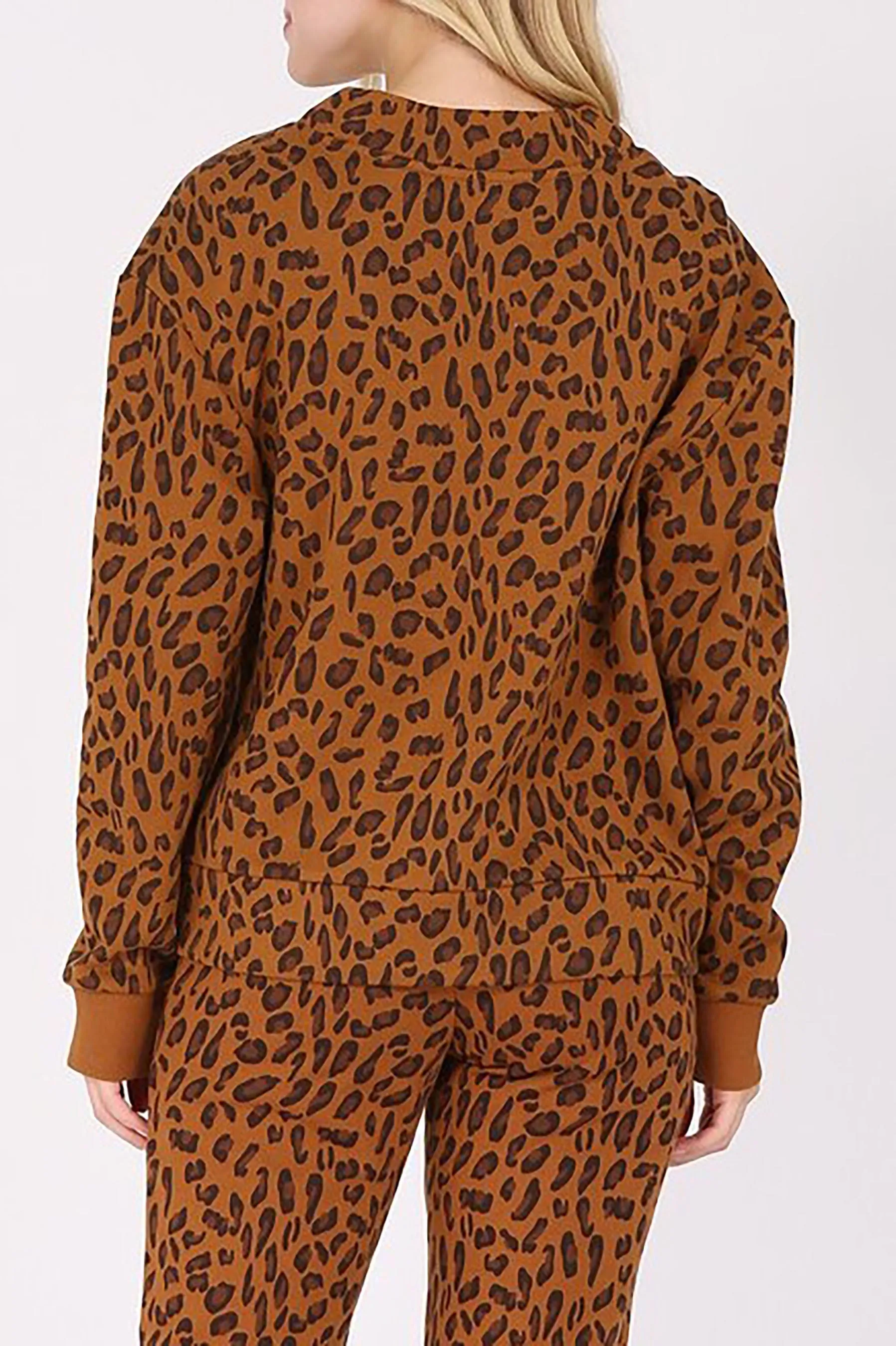 Women's Buttoned V Neck Animal Print Fleece Cardigan