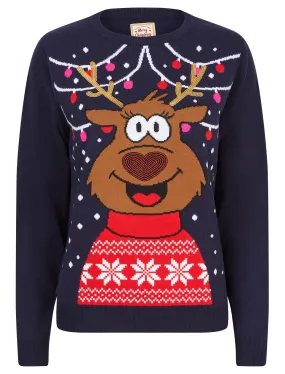 Women's Party Reindeer Sequin Novelty Christmas Jumper in Ink - Merry Christmas