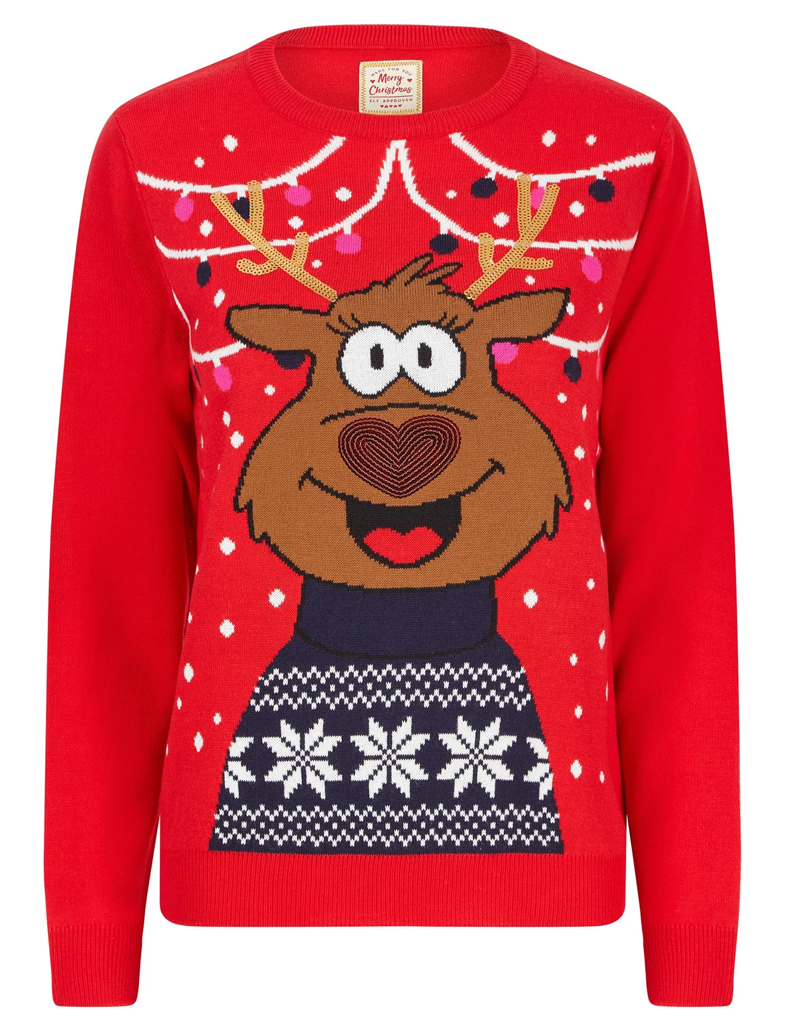 Women's Party Reindeer Sequin Novelty Christmas Jumper in Tokyo Red - Merry Christmas