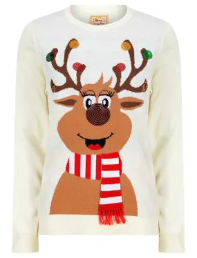 Women's Sequin Reindeer Sequin Novelty Christmas Jumper in Gardenia - Merry Christmas