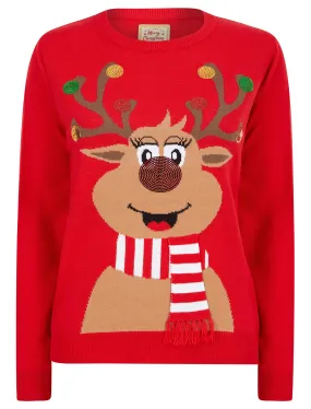 Women's Sequin Reindeer Sequin Novelty Christmas Jumper in Tokyo Red - Merry Christmas