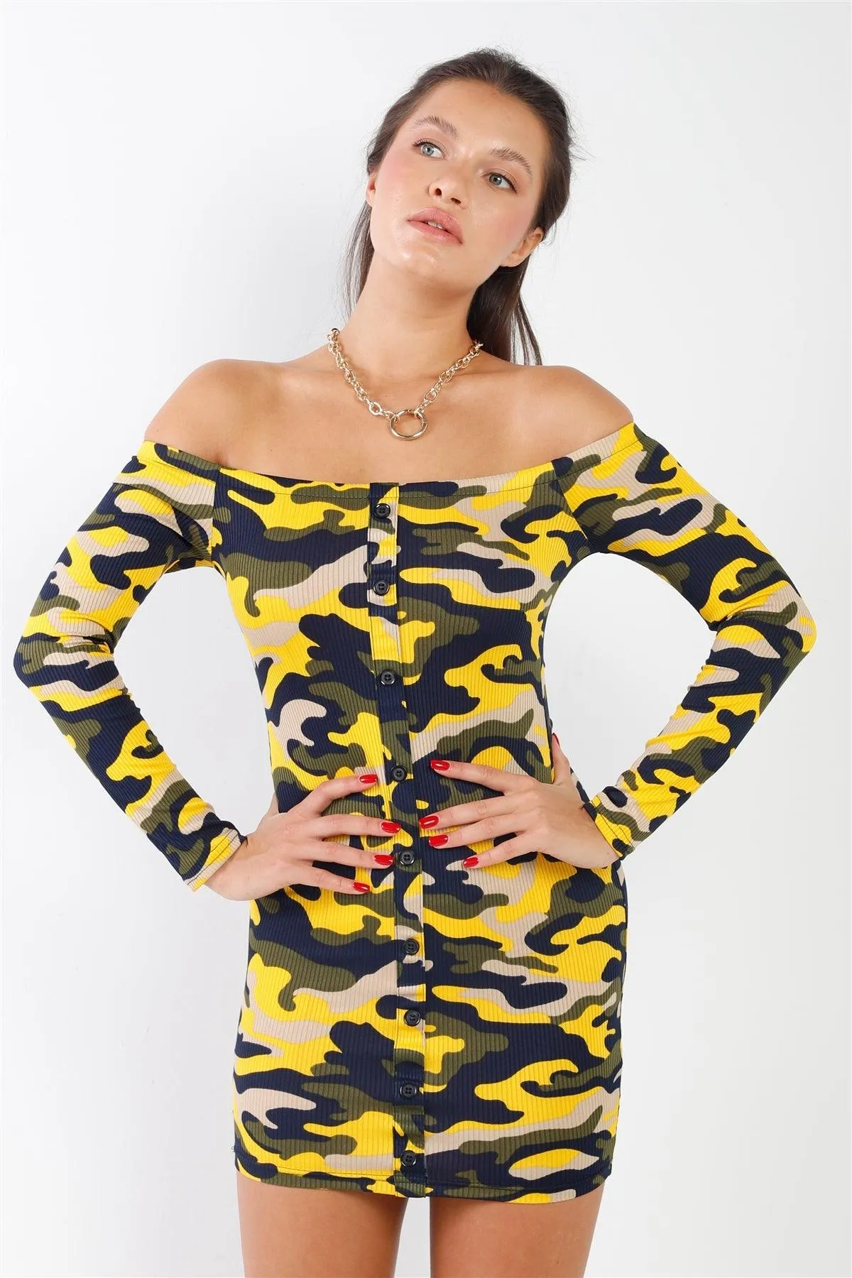 Yellow & Beige Camo Ribbed Off-The-Shoulder Button Down Bodycon Mini Dress /1-3-1