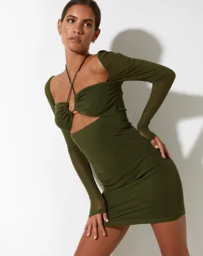 Yuvila Bodycon Dress in Mesh Khaki