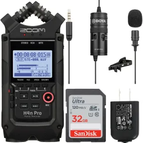 Zoom H4n Pro 4-Input / 4-Track Digital Portable Audio Handy Recorder With Onboard X/Y Mic Capsule (Black)   Lavalier Microphone Kit